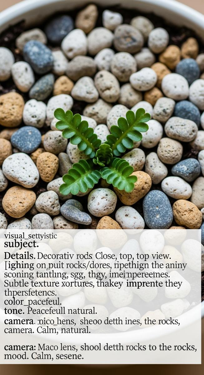 Close-up of the top of a potted houseplant showing small decorative rocks or peb