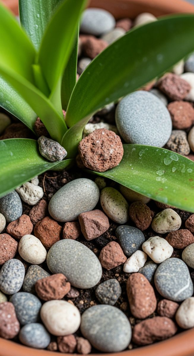 Close-up of the top of a potted houseplant showing small decorative rocks or peb, for rocks potted plants