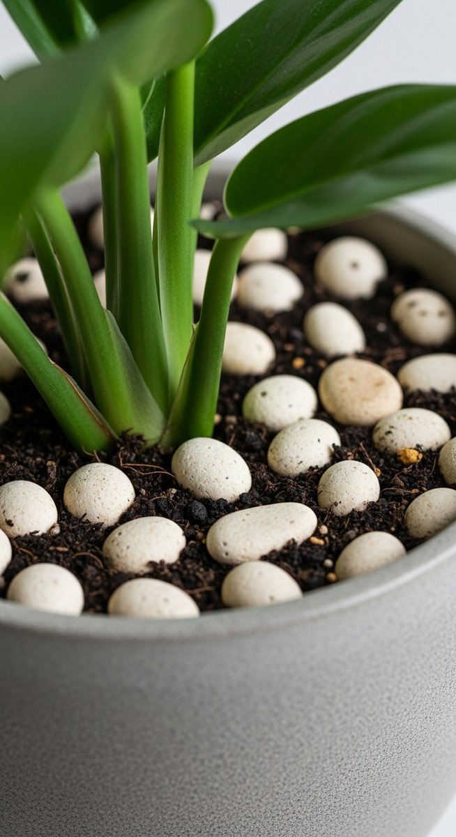 Close-up of the top of a potted houseplant showing small decorative rocks or peb