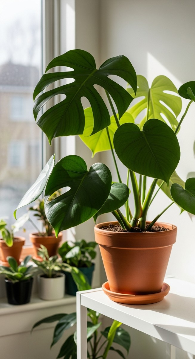 a lush monstera plant in a terracotta pot on a white shelf