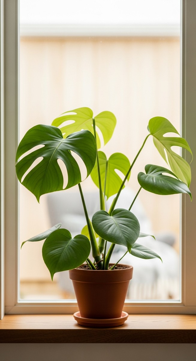 a monstera plant in a pot near a bright window