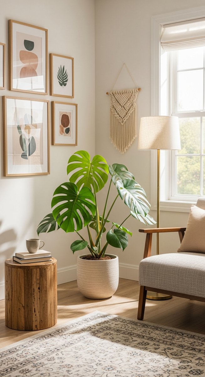 a large thriving monstera plant as a living room focal point, for root bound monstera