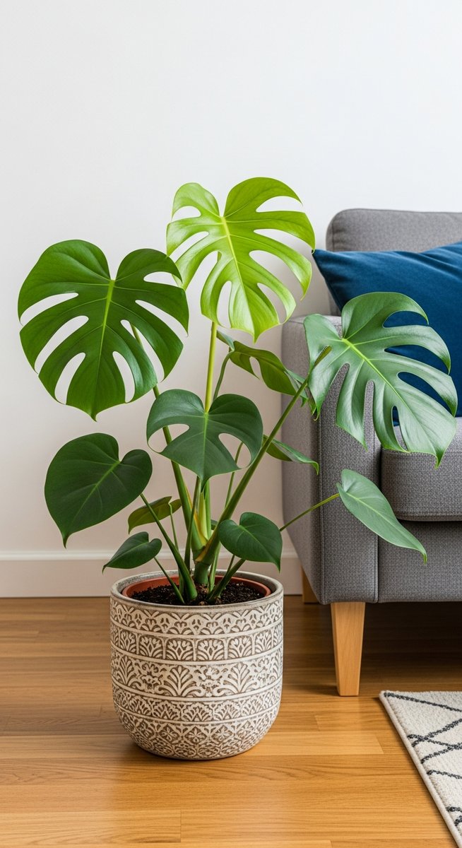 a monstera plant in a decorative pot on a wooden floor