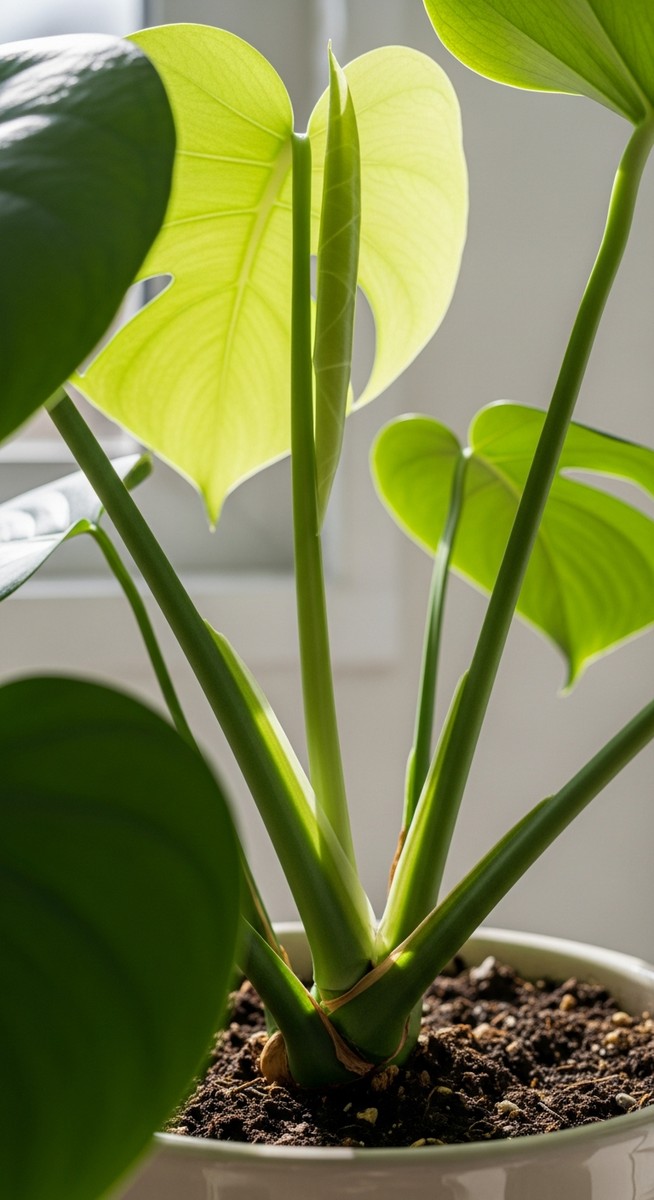 close-up of the base and lower leaves of a monstera plant, for root bound monstera