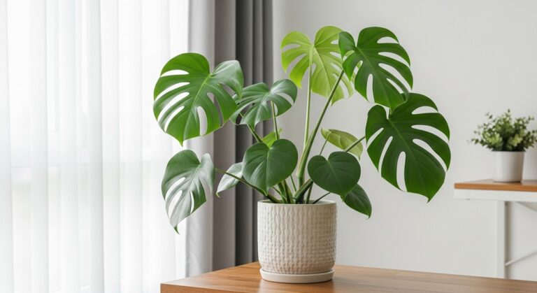 a healthy monstera plant displayed in a bright modern living room, for root bound monstera