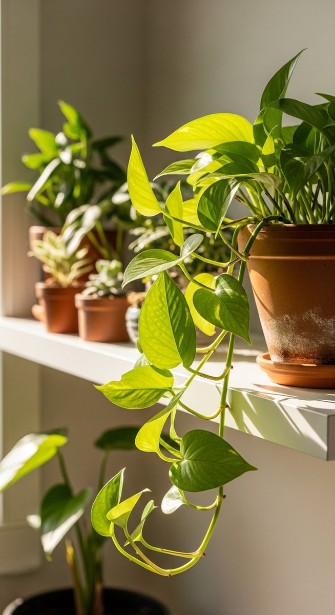 a lush pothos plant in a terracotta pot on a white shelf