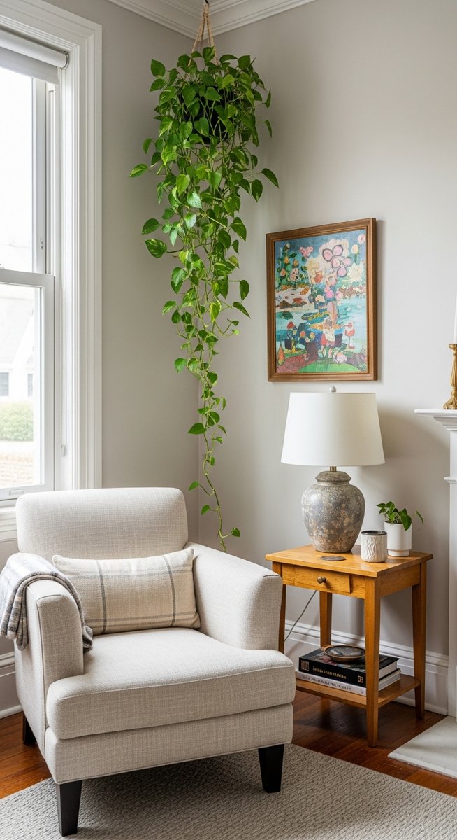 a large thriving pothos plant as a living room focal point, for root bound pothos