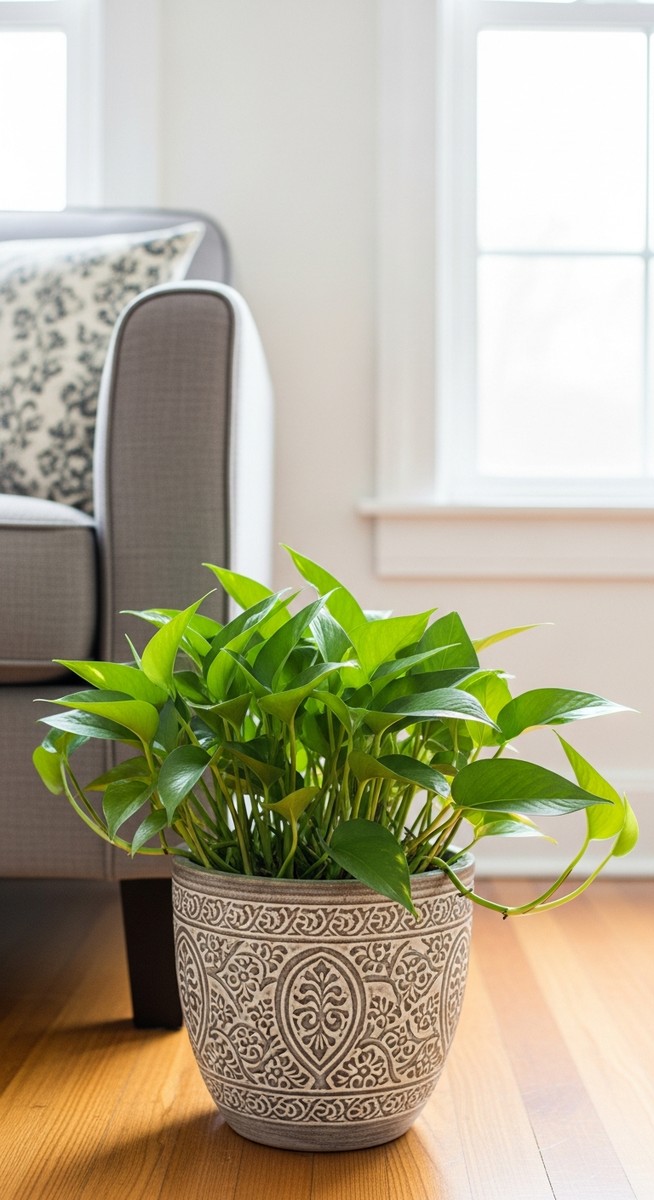 a pothos plant in a decorative pot on a wooden floor