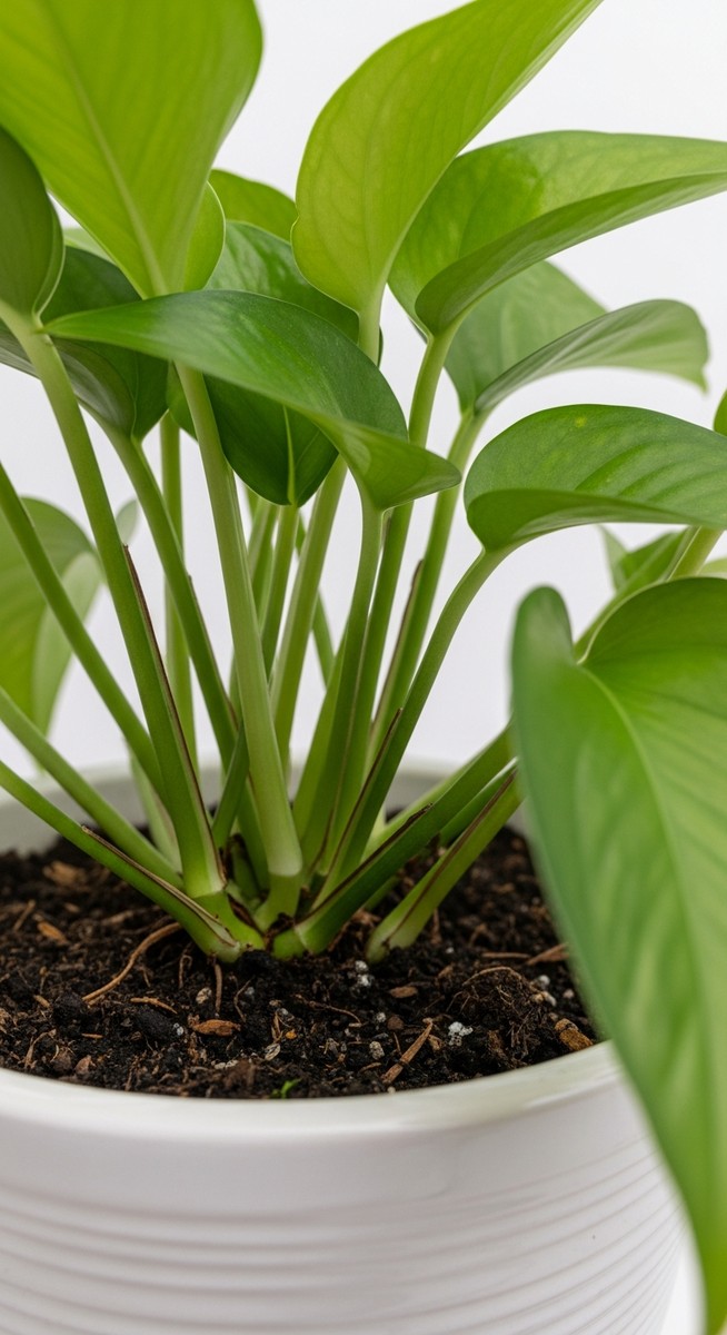 close-up of the base and lower leaves of a pothos plant, for root bound pothos