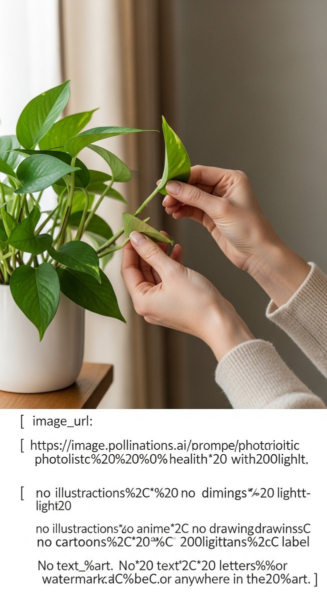 hands touching the leaves of a healthy pothos plant