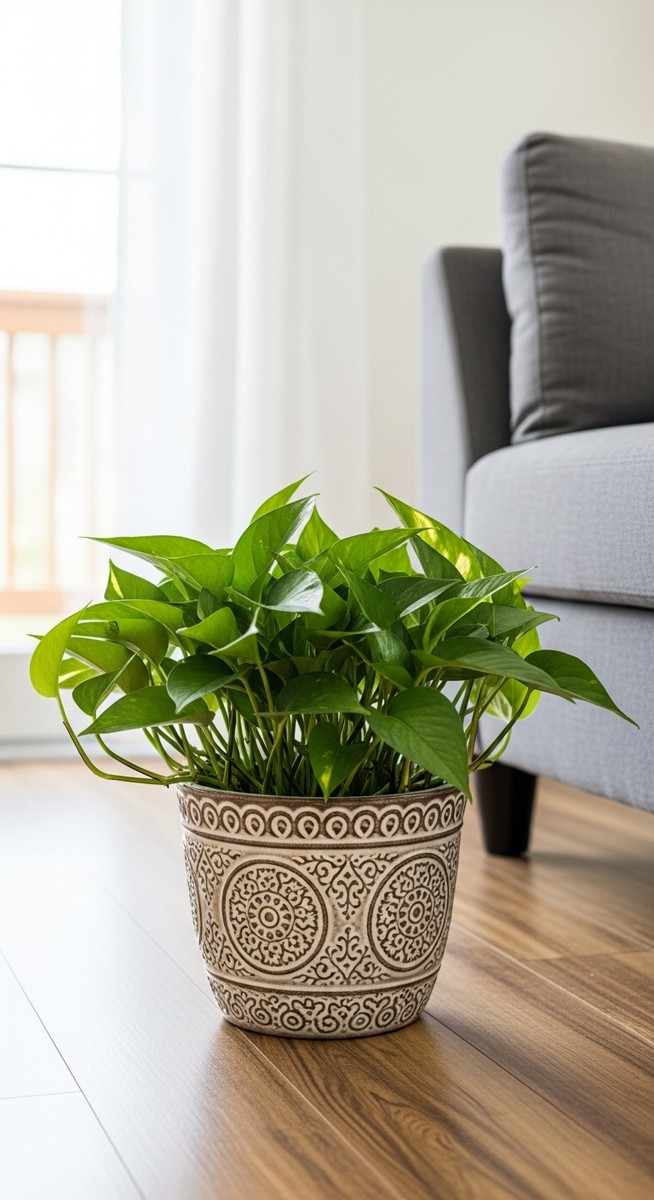 a pothos plant in a decorative pot on a wooden floor
