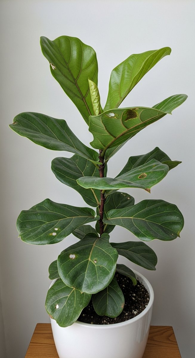 a fiddle leaf fig plant with visibly pest-damaged leaves, for root rot fiddle leaf fig