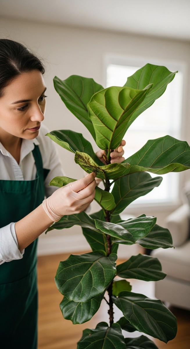 a person inspecting a fiddle leaf fig plant for signs of pest infestation, for root rot fiddle leaf fig
