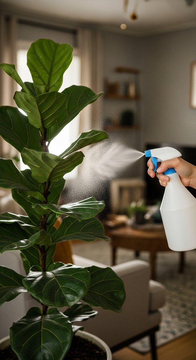 a fiddle leaf fig plant being treated with a spray bottle for pests, for root rot fiddle leaf fig