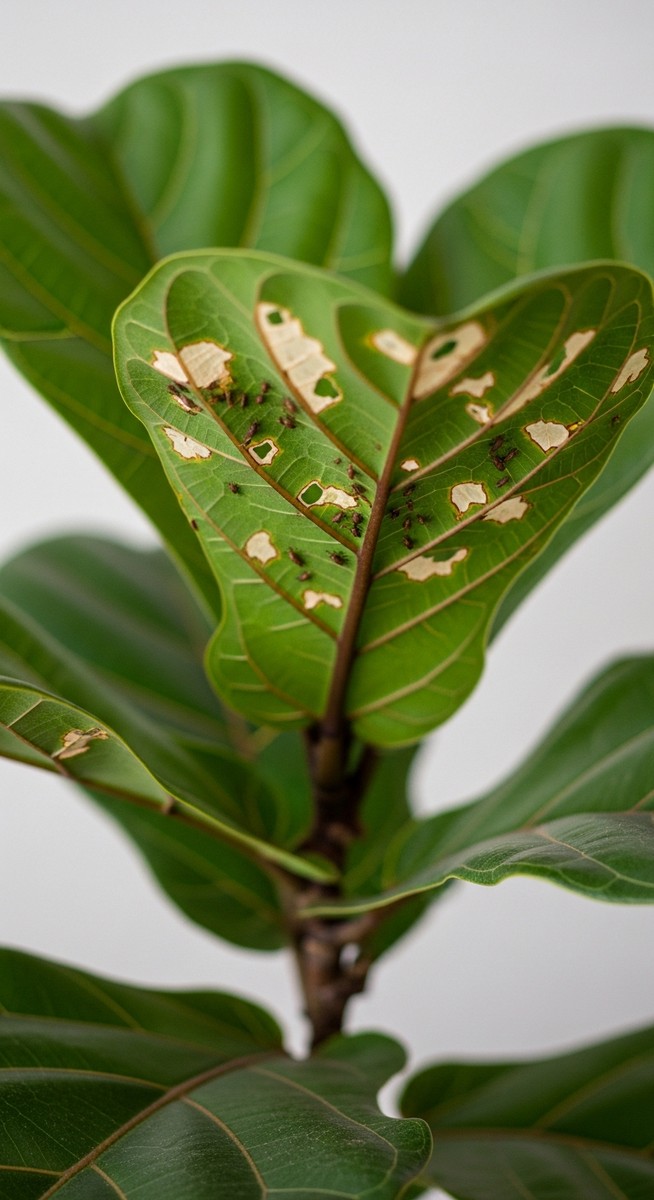 close-up of pest damage on a fiddle leaf fig leaf