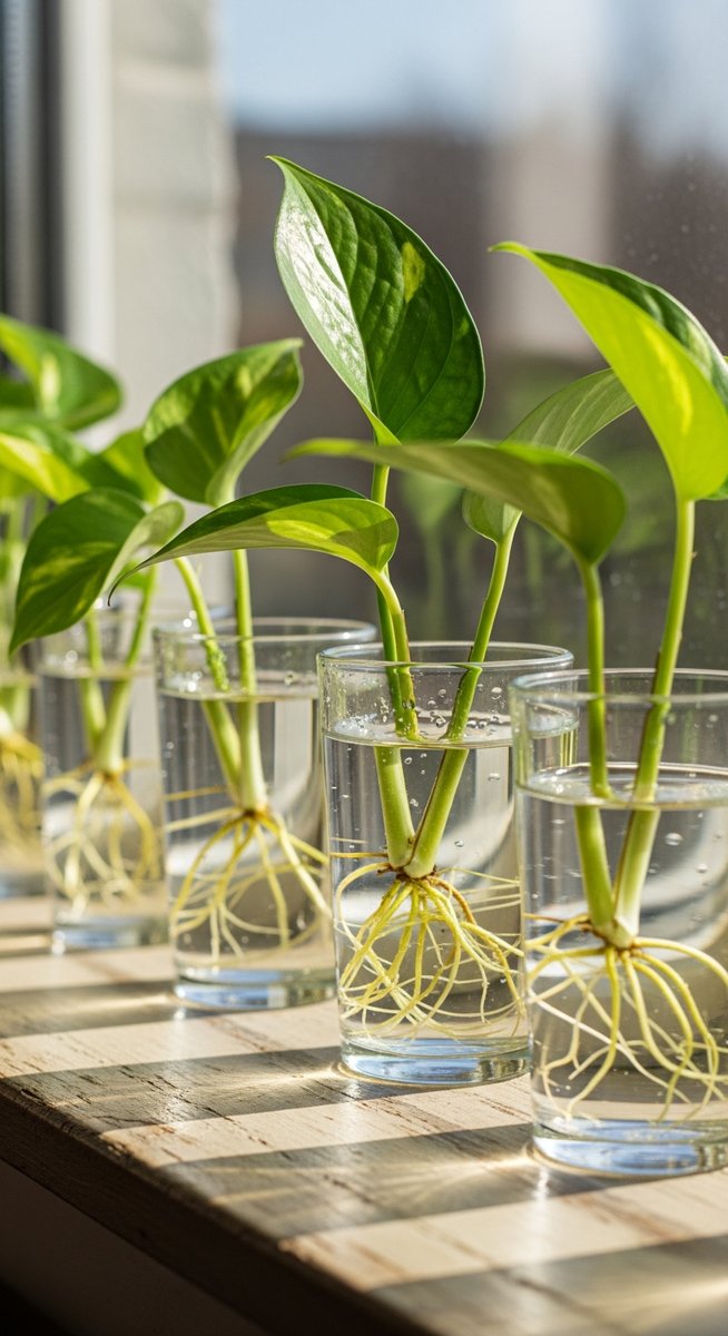 several pothos cuttings in glasses of water on a windowsill