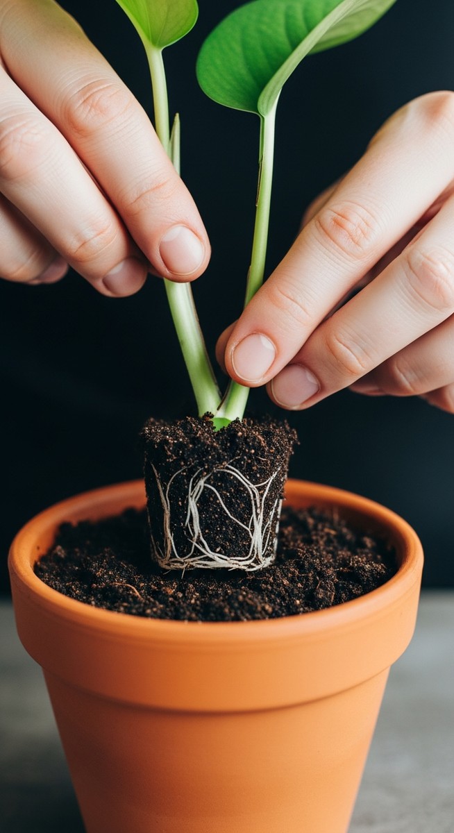 hands planting a rooted pothos cutting into fresh soil, for satin pothos propagation