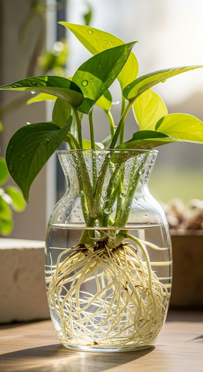 a pothos cutting with healthy roots in water ready to pot