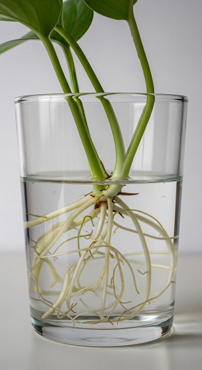close-up of white roots growing from a pothos cutting in water, for satin pothos propagation
