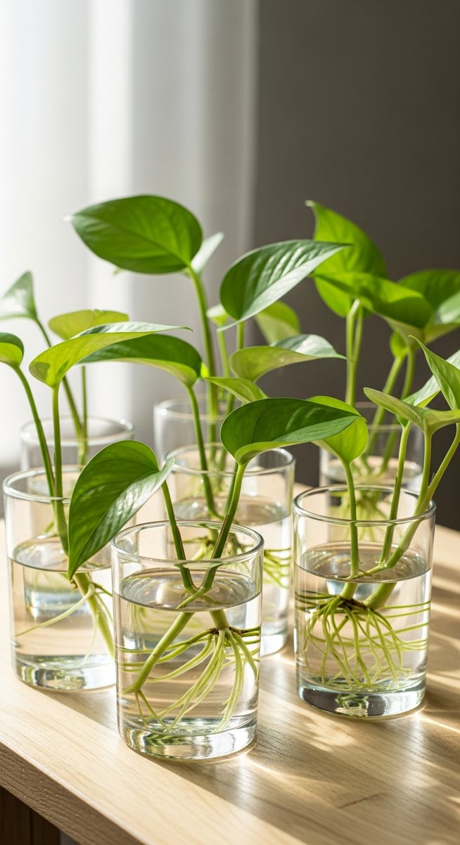 multiple pothos cuttings at different stages of rooting in water