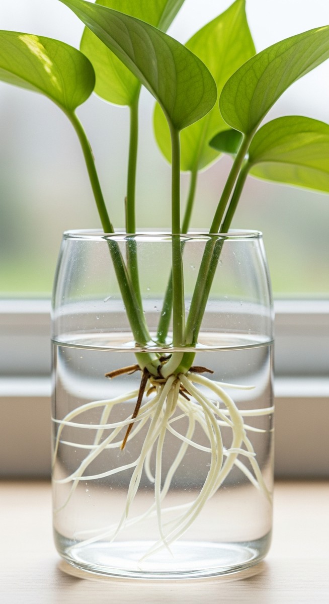 a pothos cutting with healthy roots in water ready to pot
