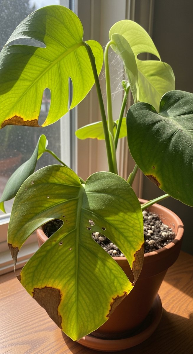 a monstera plant with visibly pest-damaged leaves, for scale monstera