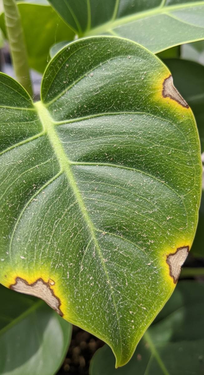 close-up of a monstera leaf showing webbing from spider mites