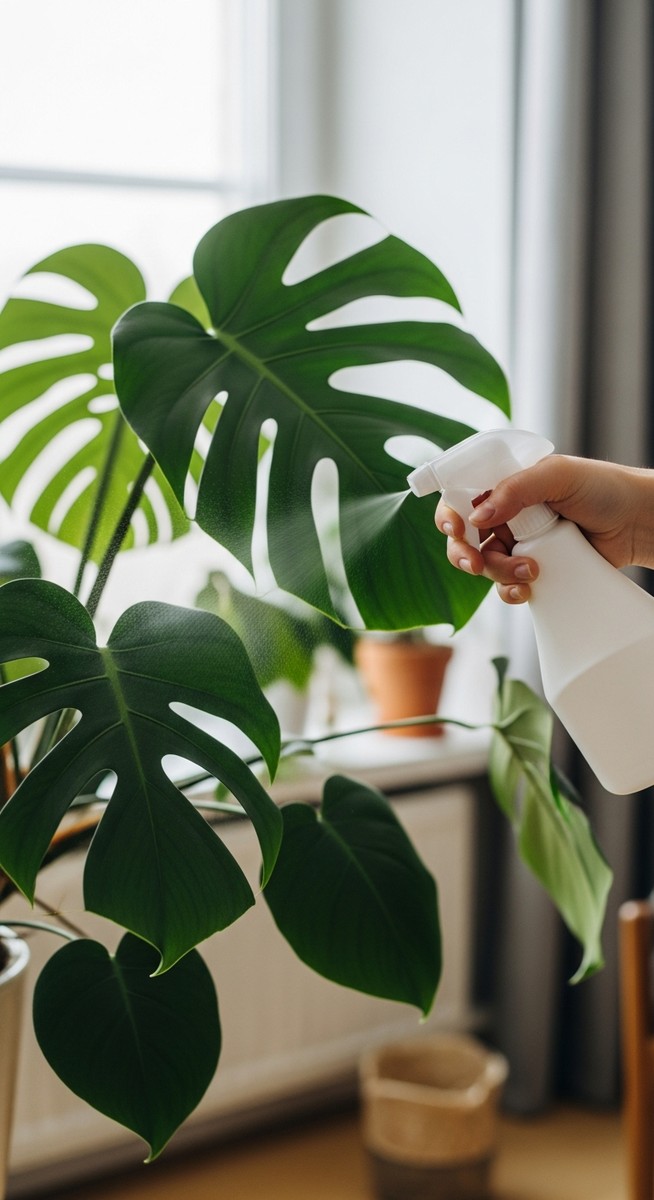 a monstera plant being treated with a spray bottle for pests, for scale monstera
