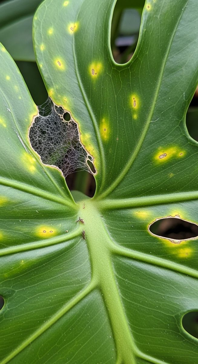 close-up of pest damage on a monstera leaf