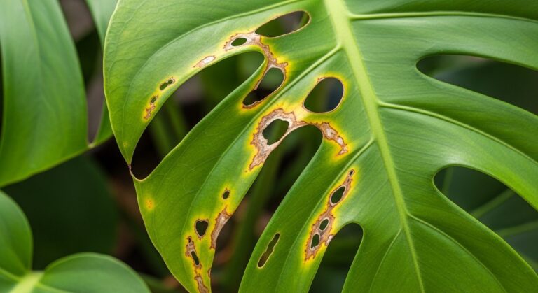close-up of monstera leaves showing pest damage and discolouration, for scale monstera