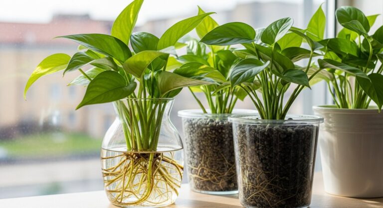 a mixed houseplants plant growing with roots submerged in a clear vase of water, for semi hydroponics mistakes
