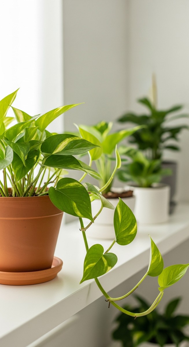a lush pothos plant in a terracotta pot on a white shelf