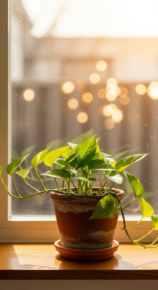 a pothos plant in a pot near a bright window