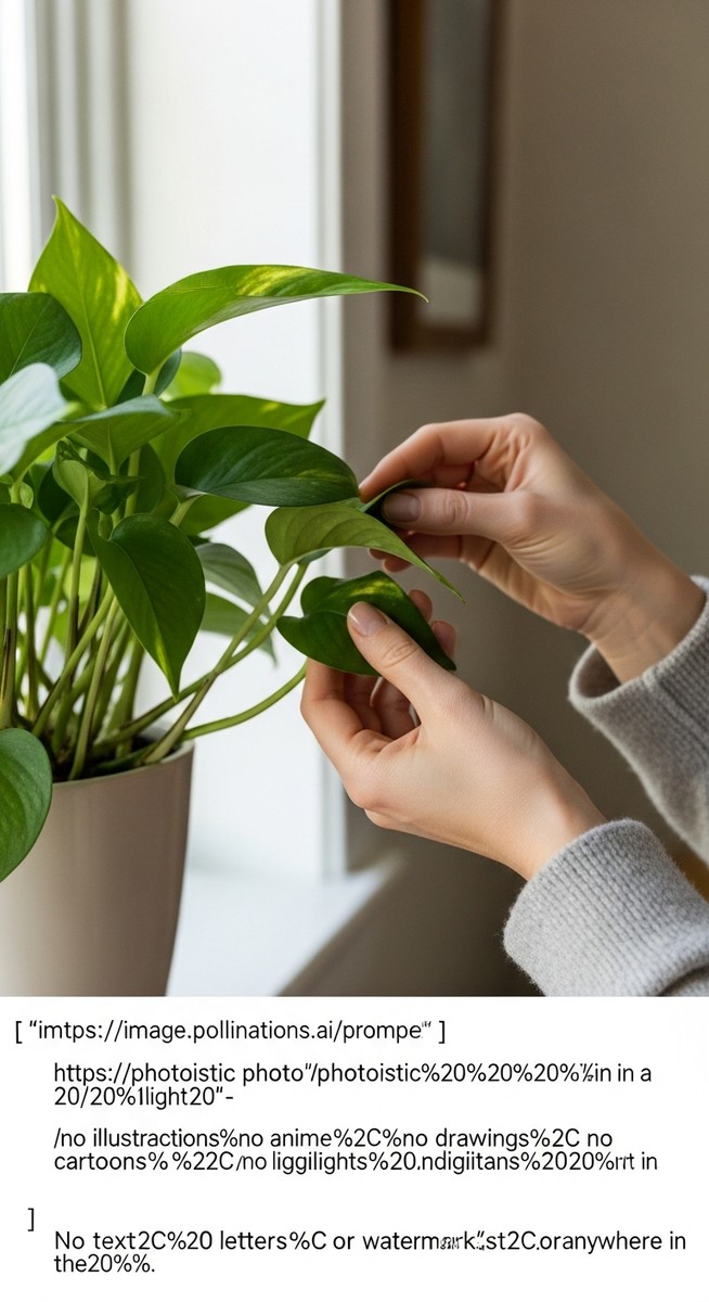 hands touching the leaves of a healthy pothos plant