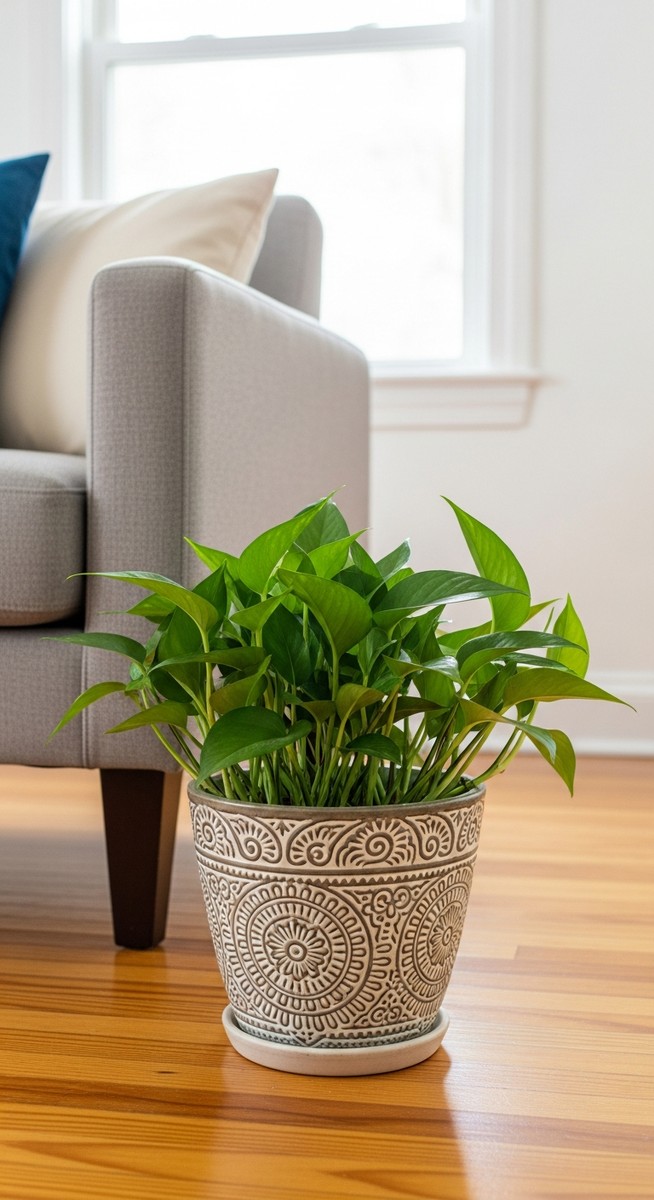 a pothos plant in a decorative pot on a wooden floor