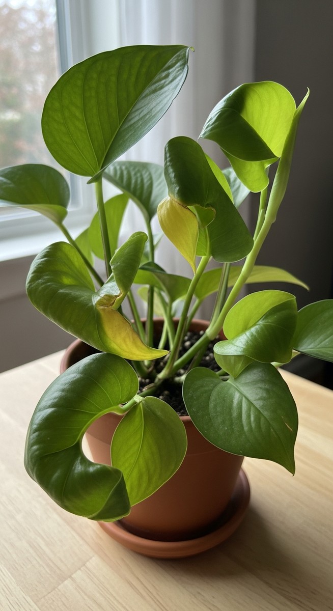 a pothos plant with several curled and cupped leaves, for silver pothos leaves curling