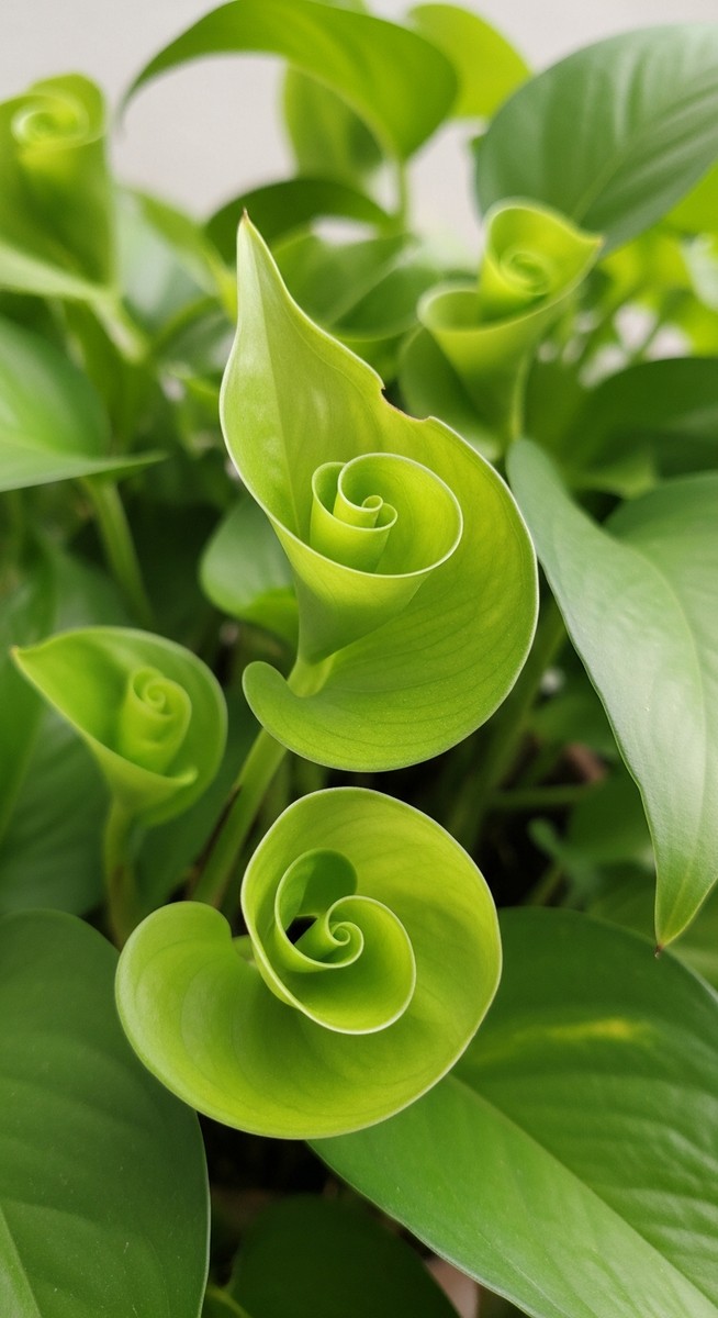 close-up of curling pothos leaves showing the inward curl shape