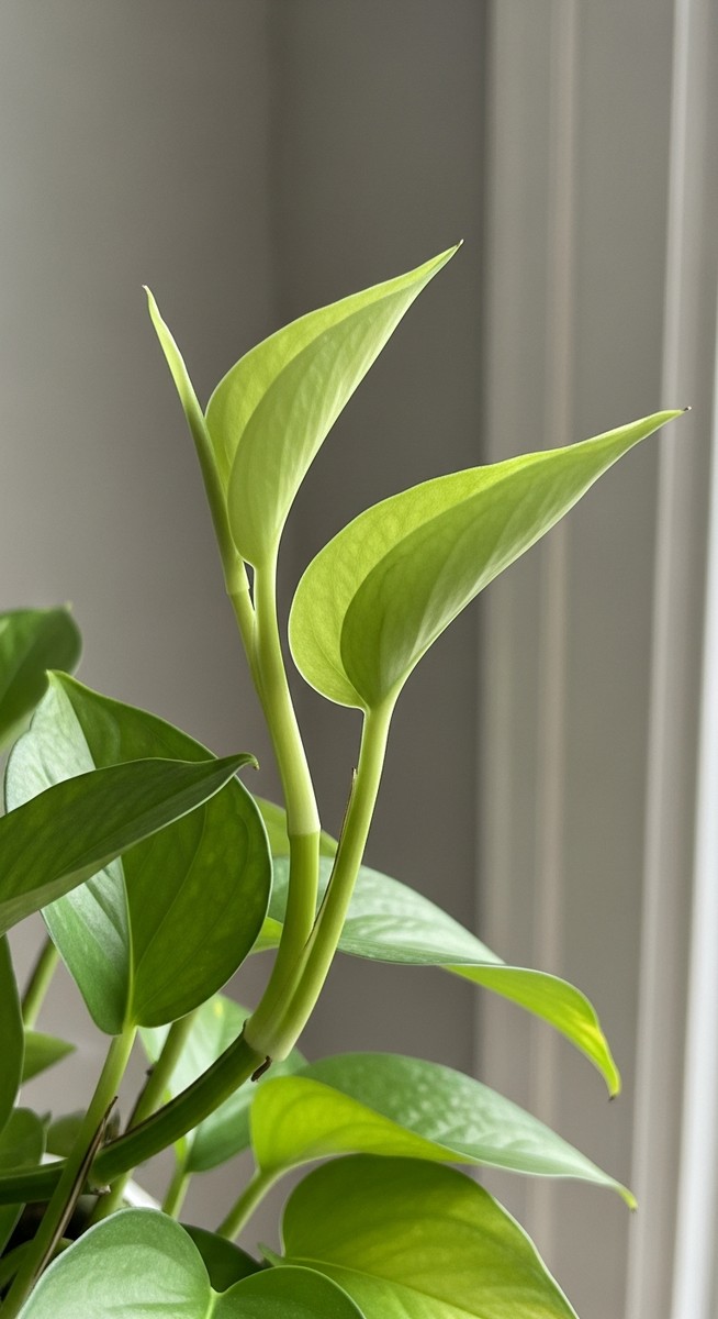 side view of a pothos plant showing leaves curling upward
