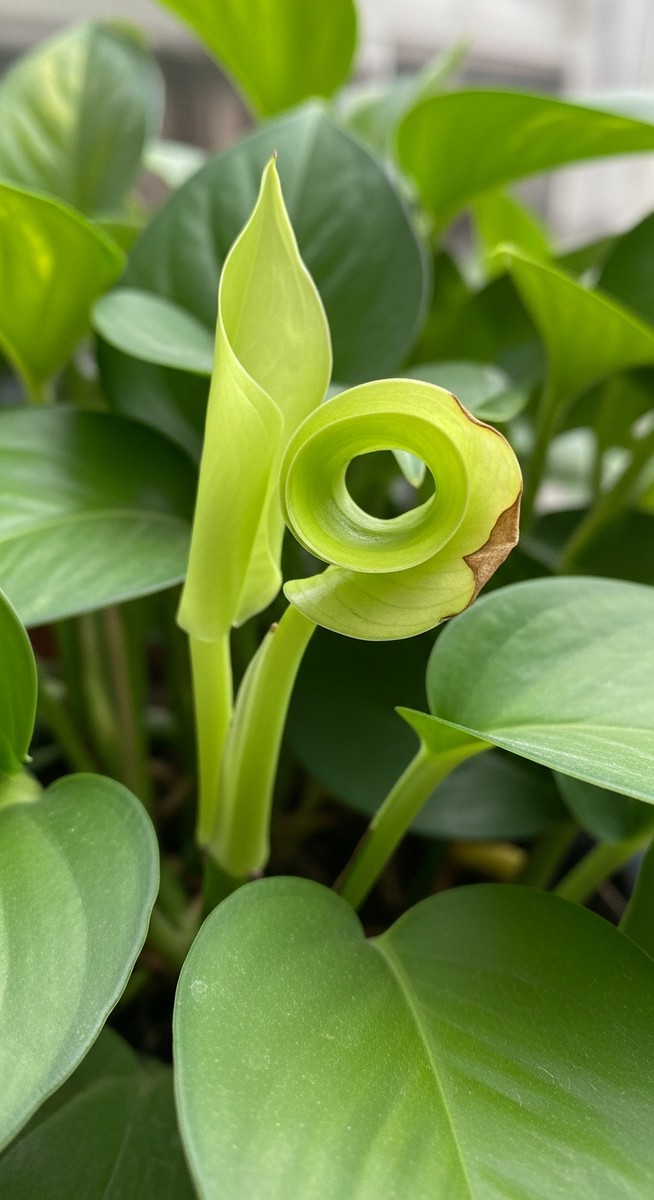a single curled pothos leaf contrasted against healthy flat leaves, for silver pothos leaves curling
