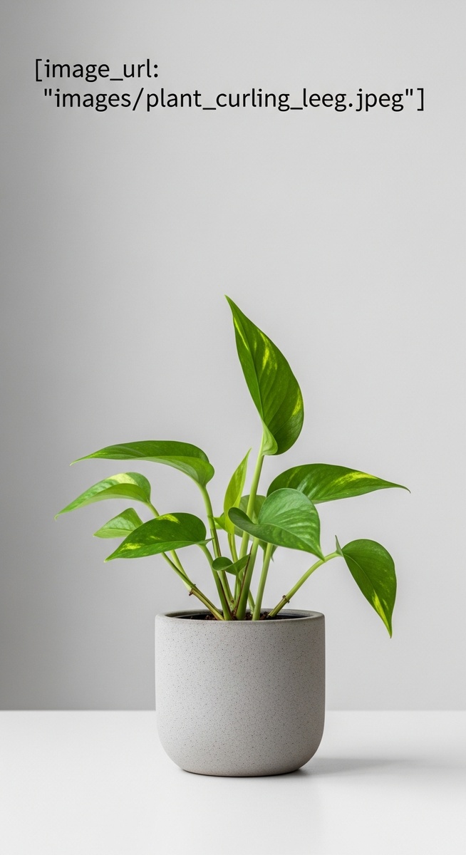 a pothos plant on a windowsill with noticeably curling leaves