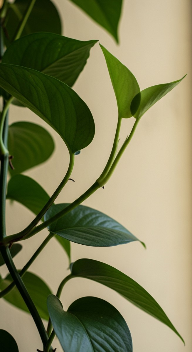 side view of a pothos plant showing leaves curling upward