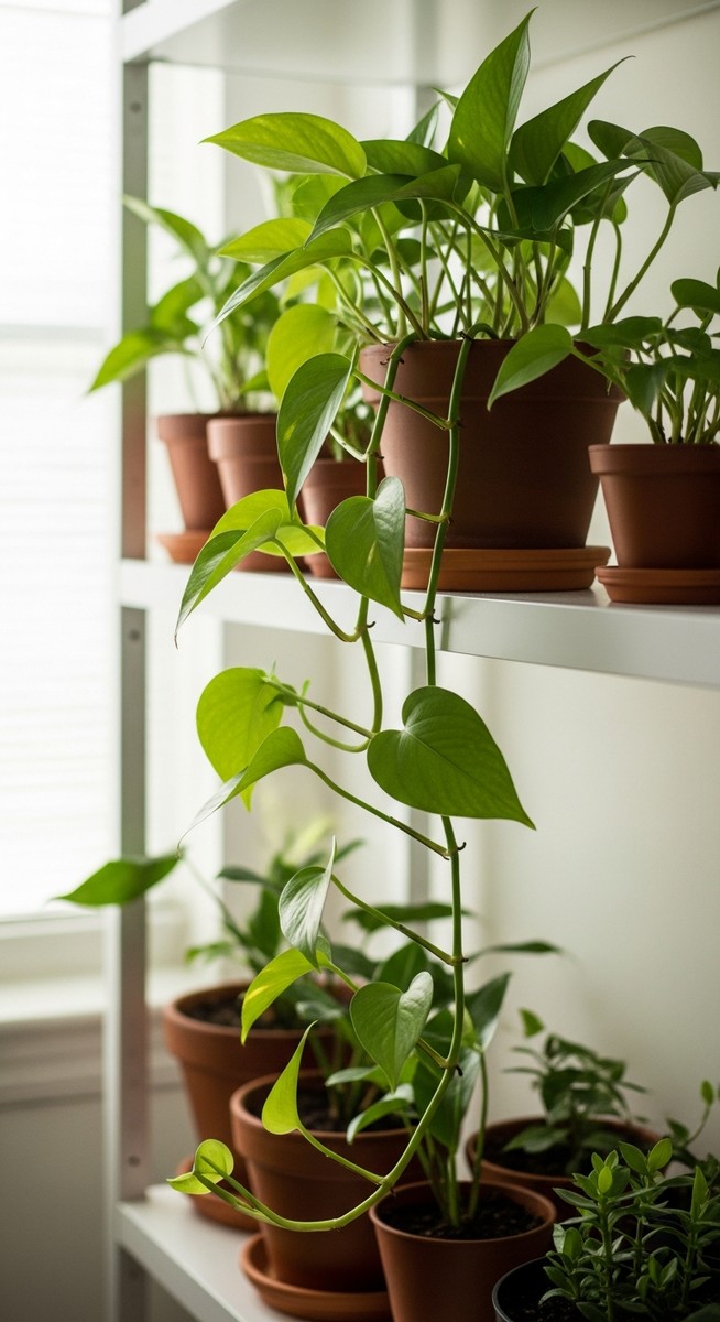 a lush pothos plant in a terracotta pot on a white shelf