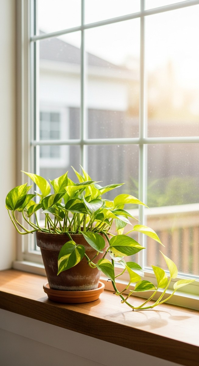 a pothos plant in a pot near a bright window