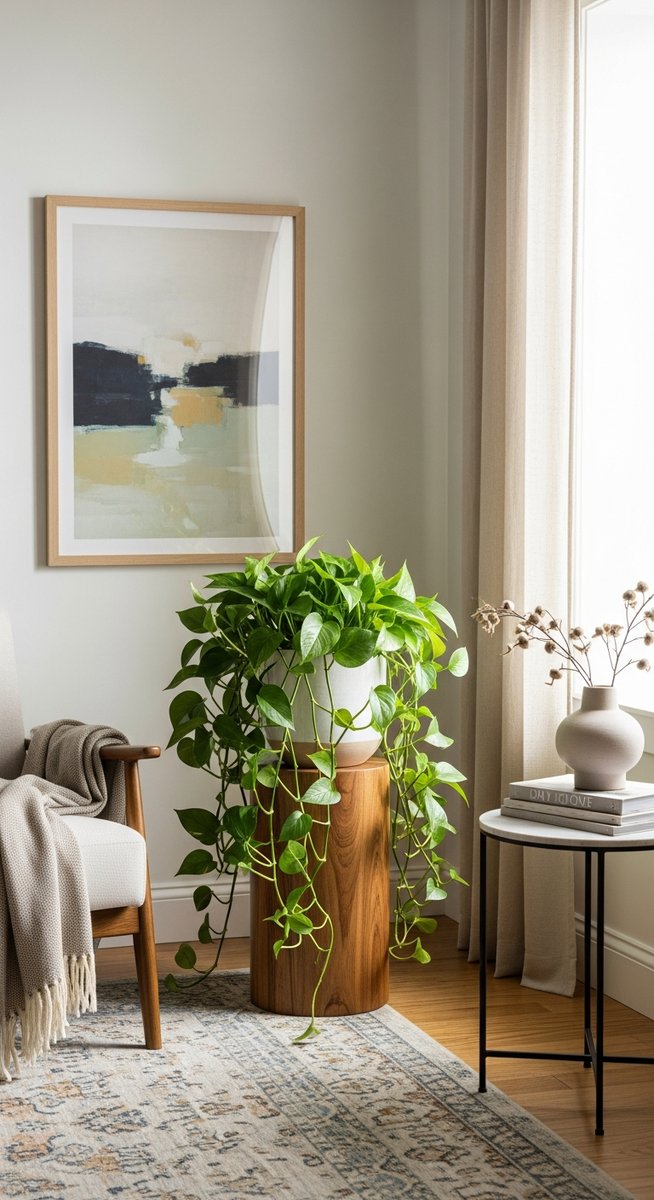 a large thriving pothos plant as a living room focal point, for silver satin pothos