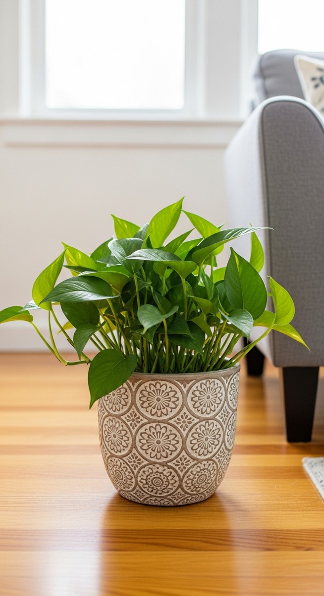a pothos plant in a decorative pot on a wooden floor