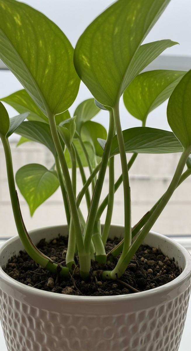 close-up of the base and lower leaves of a pothos plant, for silver satin pothos