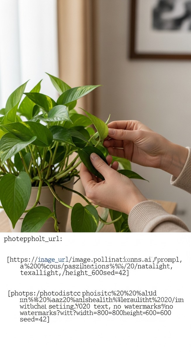 hands touching the leaves of a healthy pothos plant