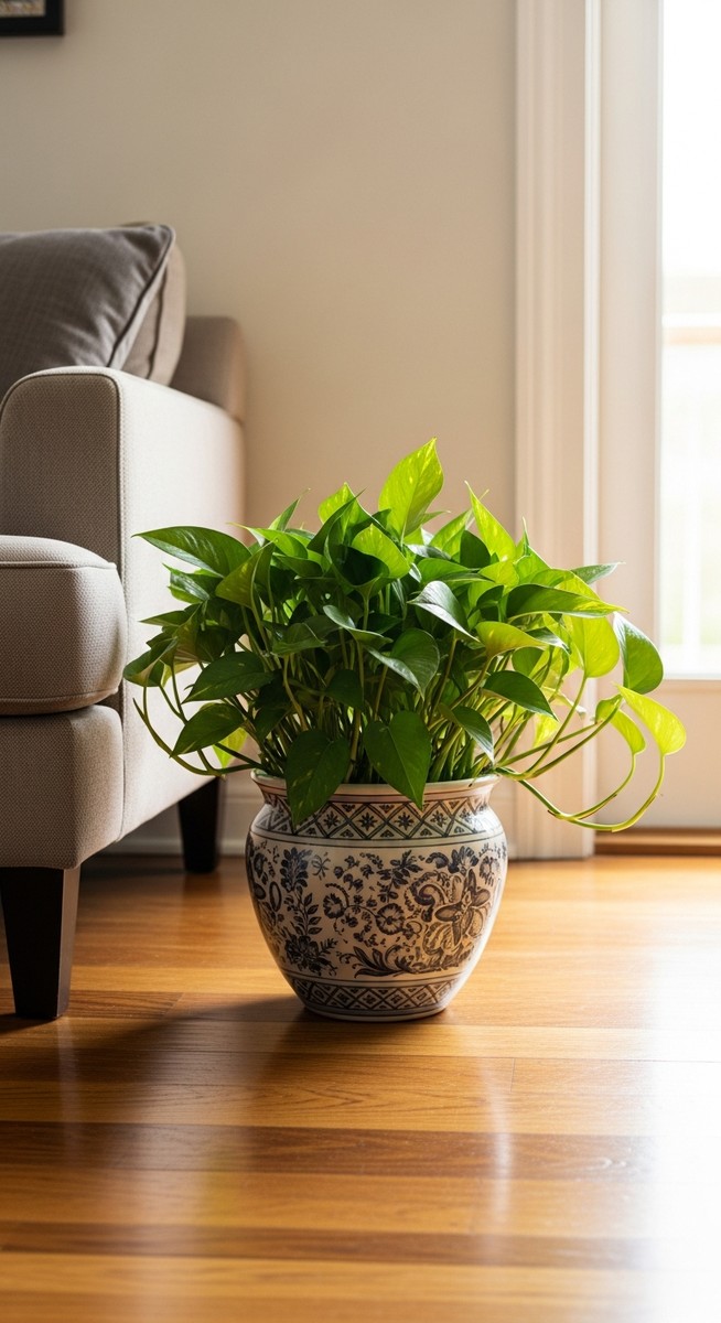 a pothos plant in a decorative pot on a wooden floor