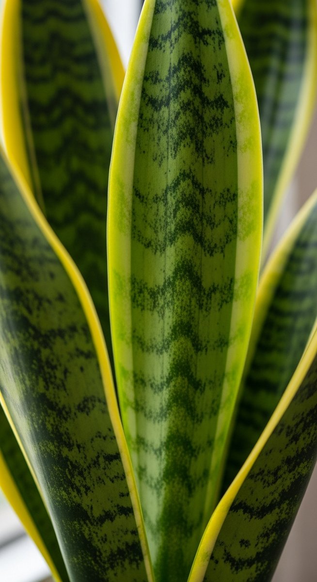 close-up of healthy snake plant leaves showing vivid colour and texture, for snake plant care