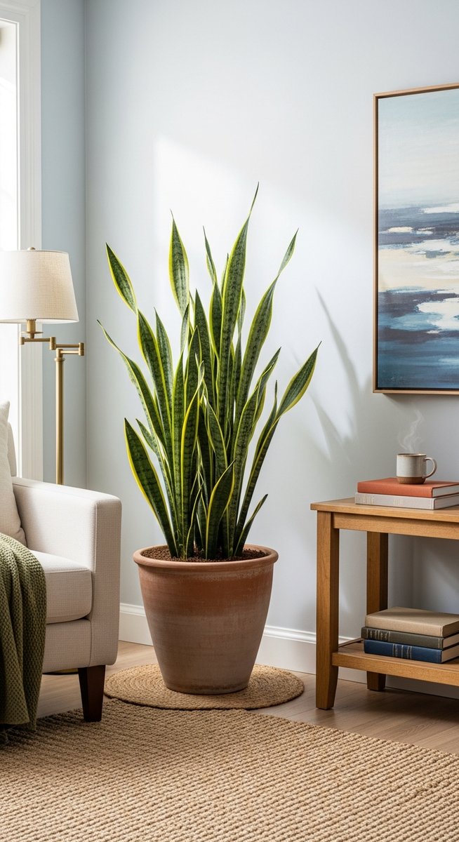 a large thriving snake plant plant as a living room focal point, for snake plant care